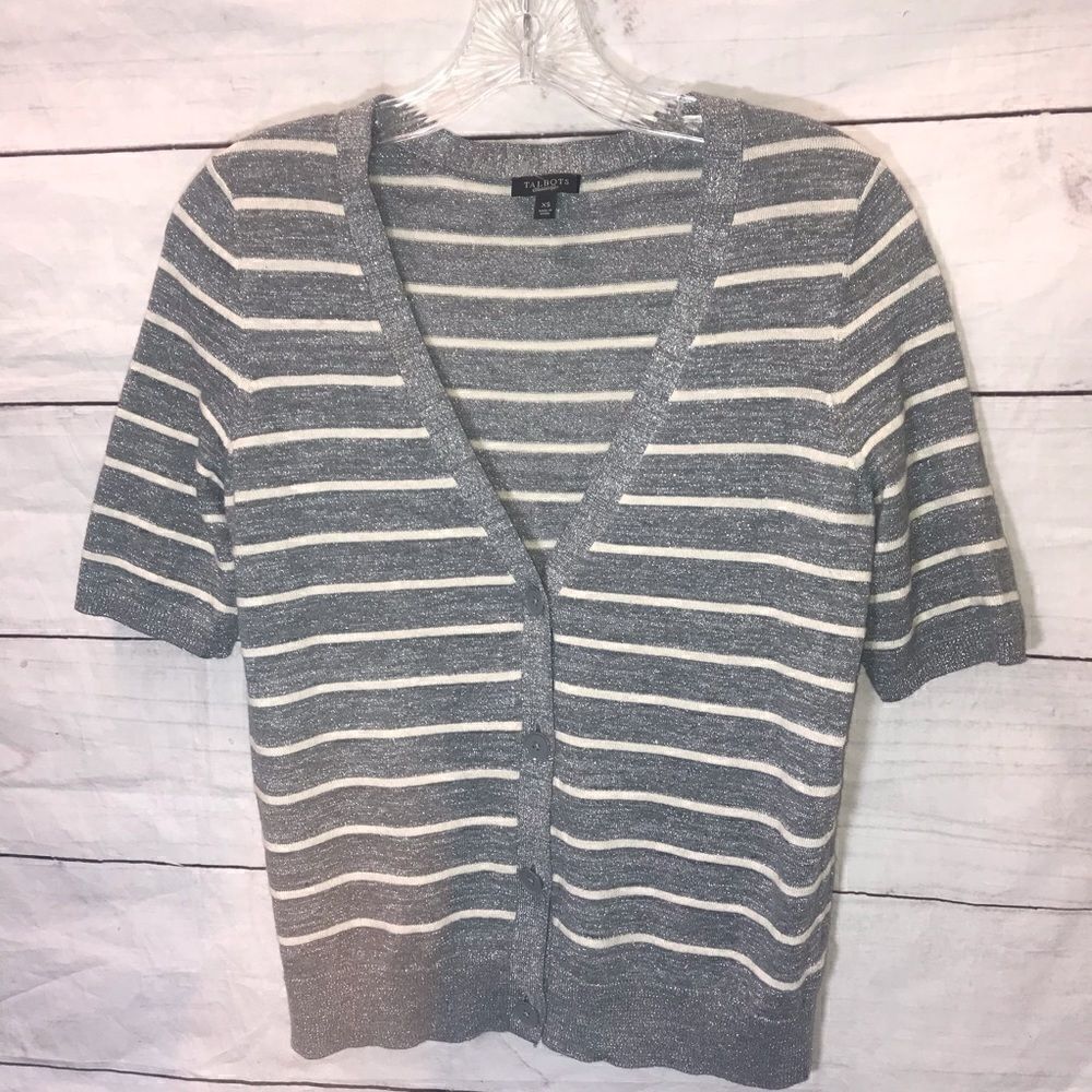 Talbots Grey Ivory Silver Metallic  Short Sleeve Cardigan Sweater Size XS